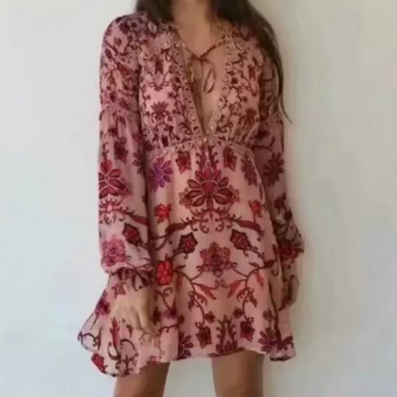Long Sleeve Boho Floral Gypsy Print Dress Pink - Picture 14 of 14